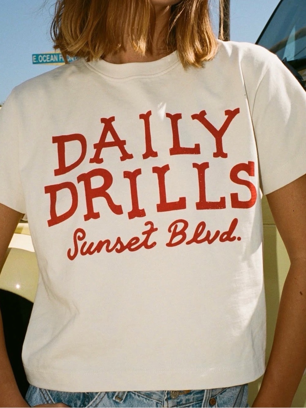 NWT - Daily Drills Sunset Blvd. Boxy Tee - Cream with Red Print